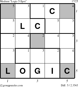 The grouppuzzles.com Medium Logic-5-Spot-r4 puzzle for , suitable for printing, with all 5 steps marked