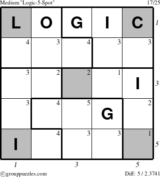 The grouppuzzles.com Medium Logic-5-Spot puzzle for , suitable for printing, with all 5 steps marked