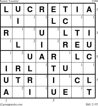 The grouppuzzles.com Easiest Lucretia puzzle for , suitable for printing, with all 2 steps marked