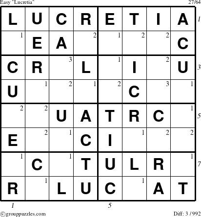 The grouppuzzles.com Easy Lucretia puzzle for , suitable for printing, with all 3 steps marked