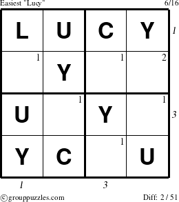 The grouppuzzles.com Easiest Lucy puzzle for , suitable for printing, with all 2 steps marked