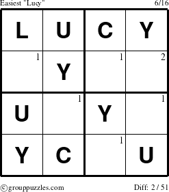 The grouppuzzles.com Easiest Lucy puzzle for  with the first 2 steps marked