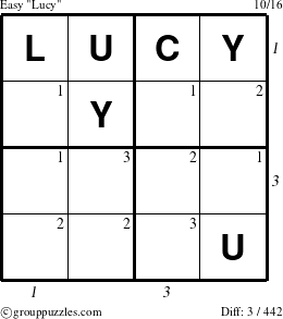 The grouppuzzles.com Easy Lucy puzzle for , suitable for printing, with all 3 steps marked