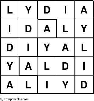 The grouppuzzles.com Answer grid for the Lydia puzzle for 