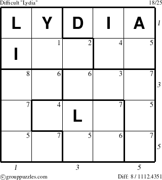 The grouppuzzles.com Difficult Lydia puzzle for , suitable for printing, with all 8 steps marked