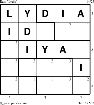 The grouppuzzles.com Easy Lydia puzzle for , suitable for printing, with all 3 steps marked