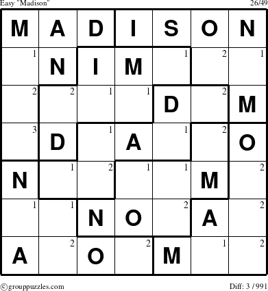 The grouppuzzles.com Easy Madison puzzle for  with the first 3 steps marked