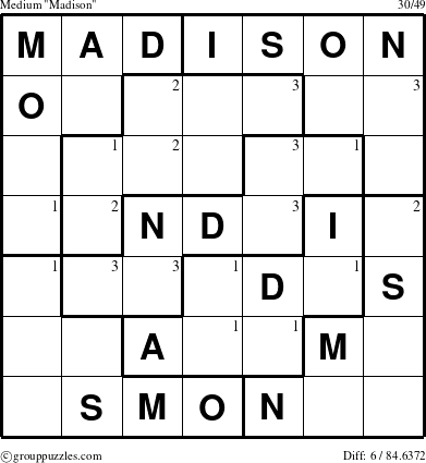 The grouppuzzles.com Medium Madison puzzle for  with the first 3 steps marked