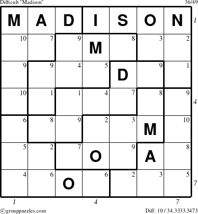 The grouppuzzles.com Difficult Madison puzzle for , suitable for printing, with all 10 steps marked