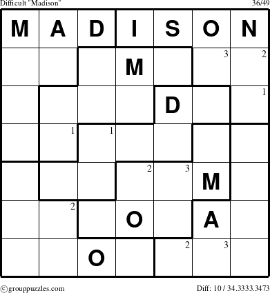 The grouppuzzles.com Difficult Madison puzzle for  with the first 3 steps marked