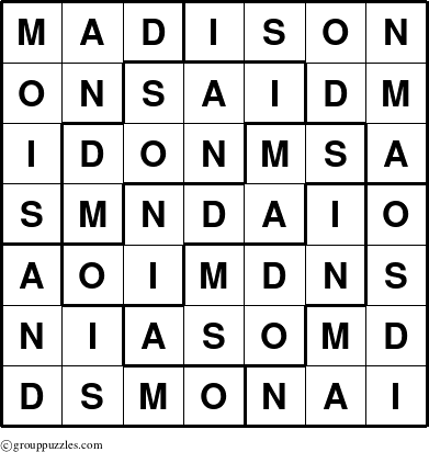 The grouppuzzles.com Answer grid for the Madison puzzle for 