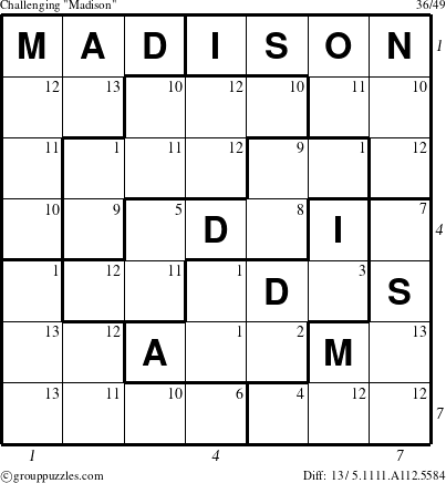 The grouppuzzles.com Challenging Madison puzzle for , suitable for printing, with all 13 steps marked