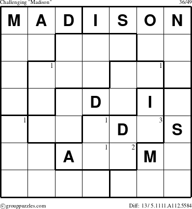 The grouppuzzles.com Challenging Madison puzzle for  with the first 3 steps marked