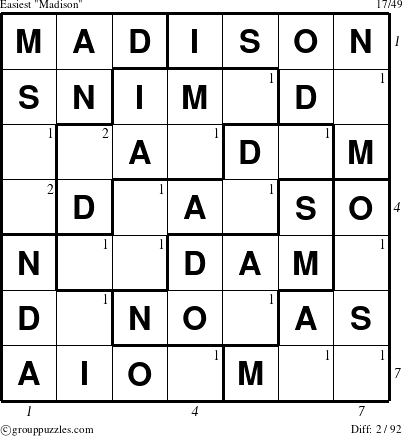 The grouppuzzles.com Easiest Madison puzzle for , suitable for printing, with all 2 steps marked