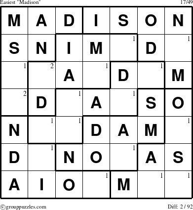 The grouppuzzles.com Easiest Madison puzzle for  with the first 2 steps marked