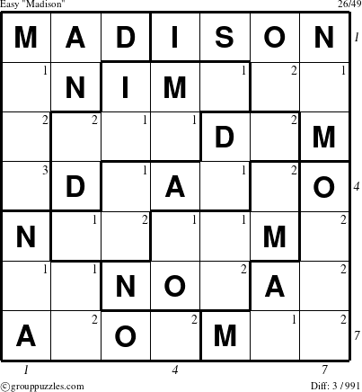 The grouppuzzles.com Easy Madison puzzle for  with all 3 steps marked