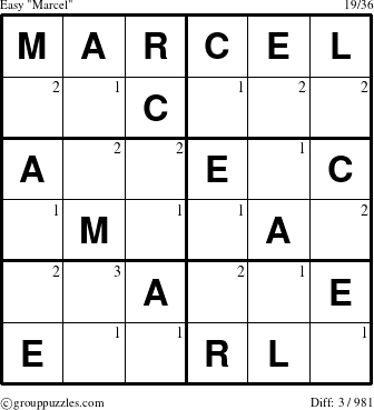 The grouppuzzles.com Easy Marcel puzzle for  with the first 3 steps marked