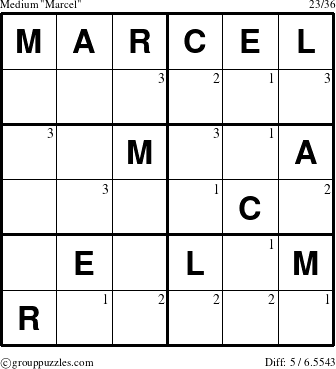 The grouppuzzles.com Medium Marcel puzzle for  with the first 3 steps marked