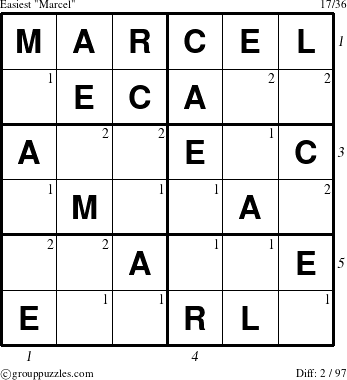 The grouppuzzles.com Easiest Marcel puzzle for  with all 2 steps marked