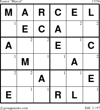 The grouppuzzles.com Easiest Marcel puzzle for  with the first 2 steps marked