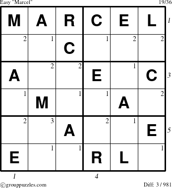The grouppuzzles.com Easy Marcel puzzle for  with all 3 steps marked