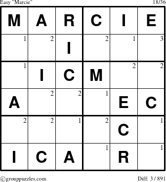 The grouppuzzles.com Easy Marcie puzzle for  with the first 3 steps marked