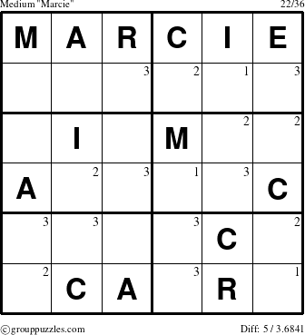 The grouppuzzles.com Medium Marcie puzzle for  with the first 3 steps marked