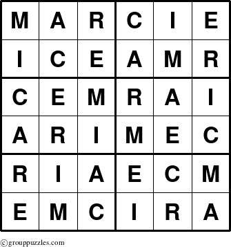 The grouppuzzles.com Answer grid for the Marcie puzzle for 