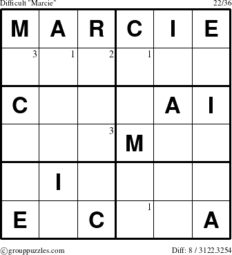 The grouppuzzles.com Difficult Marcie puzzle for  with the first 3 steps marked