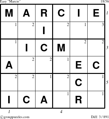 The grouppuzzles.com Easy Marcie puzzle for , suitable for printing, with all 3 steps marked