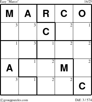 The grouppuzzles.com Easy Marco puzzle for  with the first 3 steps marked