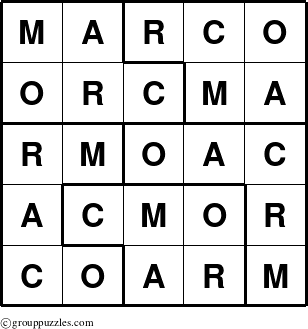 The grouppuzzles.com Answer grid for the Marco puzzle for 
