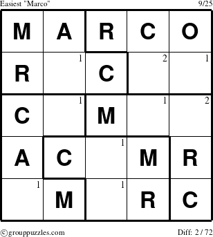 The grouppuzzles.com Easiest Marco puzzle for  with the first 2 steps marked