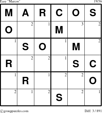 The grouppuzzles.com Easy Marcos puzzle for  with the first 3 steps marked