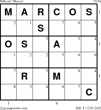 The grouppuzzles.com Difficult Marcos puzzle for , suitable for printing, with all 8 steps marked