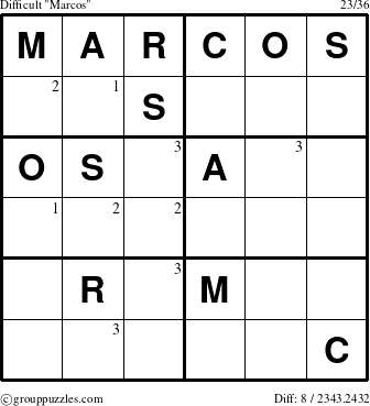 The grouppuzzles.com Difficult Marcos puzzle for  with the first 3 steps marked