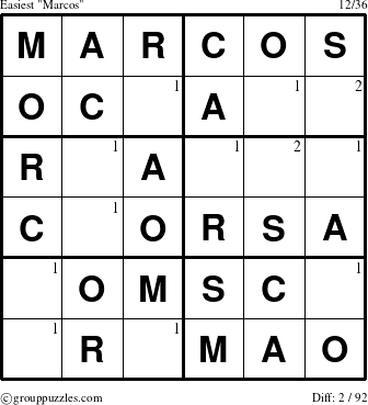 The grouppuzzles.com Easiest Marcos puzzle for  with the first 2 steps marked