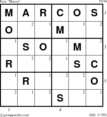 The grouppuzzles.com Easy Marcos puzzle for , suitable for printing, with all 3 steps marked