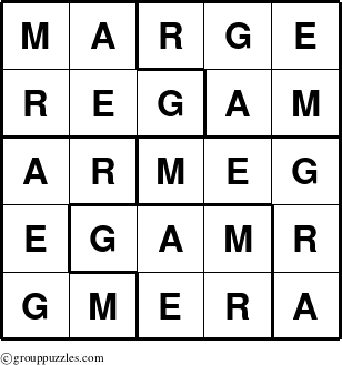 The grouppuzzles.com Answer grid for the Marge puzzle for 