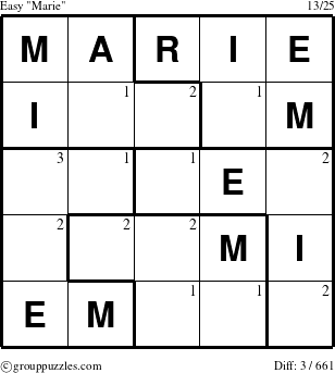 The grouppuzzles.com Easy Marie puzzle for  with the first 3 steps marked