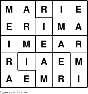 The grouppuzzles.com Answer grid for the Marie puzzle for 
