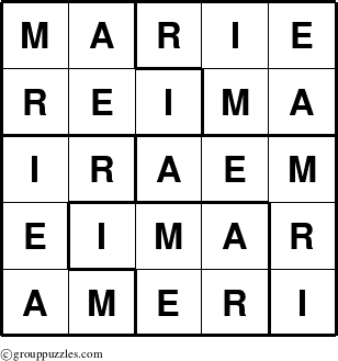 The grouppuzzles.com Answer grid for the Marie puzzle for 