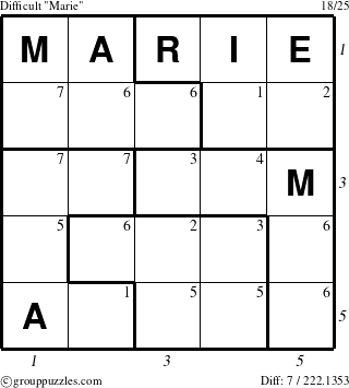 The grouppuzzles.com Difficult Marie puzzle for , suitable for printing, with all 7 steps marked