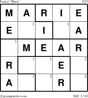 The grouppuzzles.com Easiest Marie puzzle for  with the first 2 steps marked