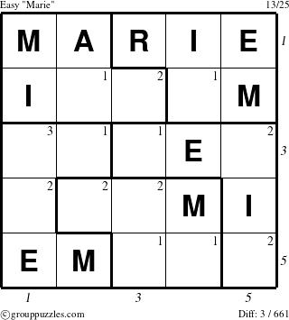 The grouppuzzles.com Easy Marie puzzle for , suitable for printing, with all 3 steps marked