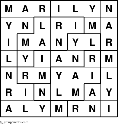 The grouppuzzles.com Answer grid for the Marilyn puzzle for 