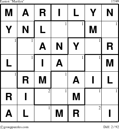 The grouppuzzles.com Easiest Marilyn puzzle for  with the first 2 steps marked