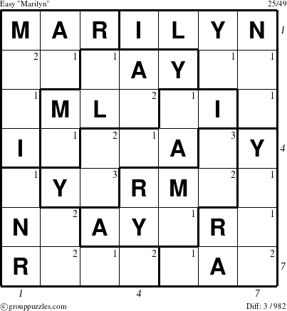 The grouppuzzles.com Easy Marilyn puzzle for , suitable for printing, with all 3 steps marked