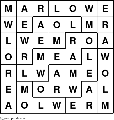 The grouppuzzles.com Answer grid for the Marlowe puzzle for 