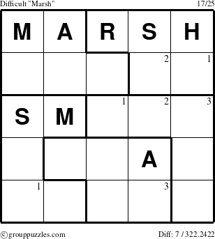 The grouppuzzles.com Difficult Marsh puzzle for  with the first 3 steps marked
